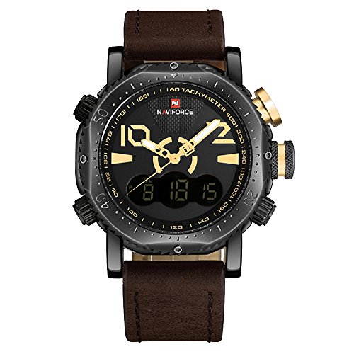 NAVIFORCE Original Men's Sports Casual Waterproof Leather LED multi-function Wrist Watch 9094 (Brown black yellow)