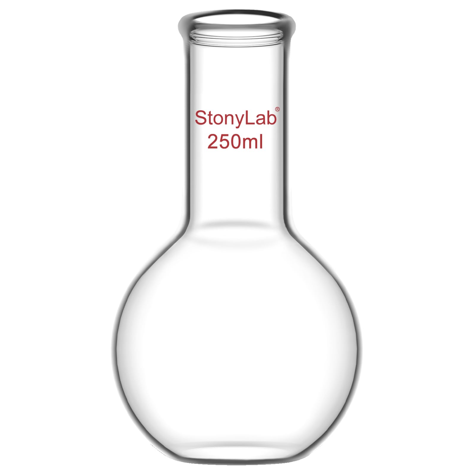 StonyLab Glass 250ml Long Neck Flat Bottom Flask, Borosilicate Glass Heavy Wall Flat Bottom Boiling Flask with Long Neck, 250ml
