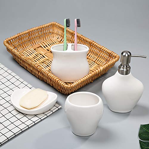 FORLONG Ceramic Bathroom Accessories Set of 4,1 Gargle Cups1 Toothbrush Holders 1 Soap Dishes 1 Soap Dispenser White