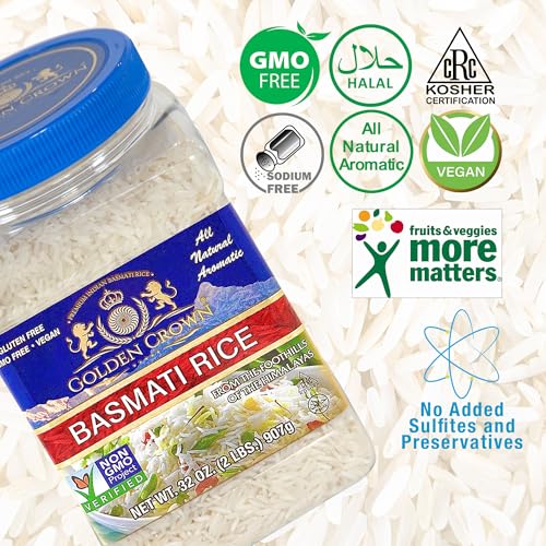 GOLDEN CROWN WHITE BASMATI RICE, PREMIUM QUALITY GLUTEN-FREE, KOSHER & HALAL, NATURALLY AGED LONG GRAIN NON-STICKY & FLUFFY AROMATIC HIMALAYAS RICE – 32 OZ (2LB)