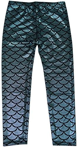 Girls Soft Glittery Shiny Little Mermaid Fish Scale Print Leggings Pants,Blue, M