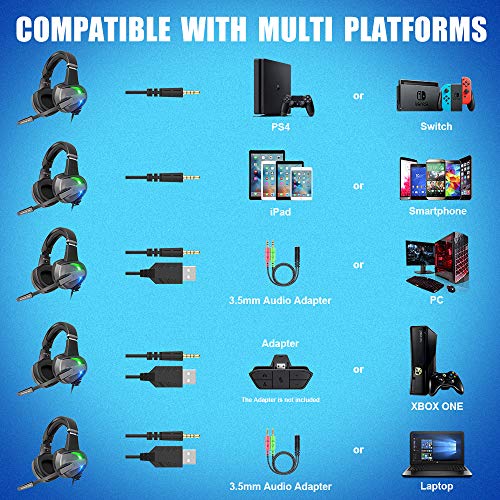 BENGOO GM7 Gaming Headset Headphones for PS4, Xbox One, PC Controller Surround Sound Over Ear Headphones with Noise Canceling Microphone, LED RGB Light On-Line Volume for Laptop Mac PS3 Playstation