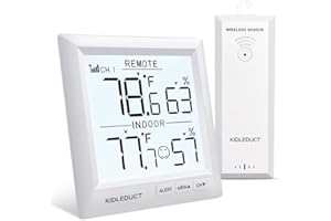 KIDLEDUCT Indoor Outdoor Thermometer Wireless Battery Powered, High Precision Inside Outside Humidity Temperature with Alert, 10S Backlight Weather Thermometers with 1 Sensor, 330ft Wireless, White