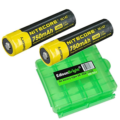 2 Pack Nitecore NL147 14500 Li-Ion Battery with EdisonBright BBX4 battery box