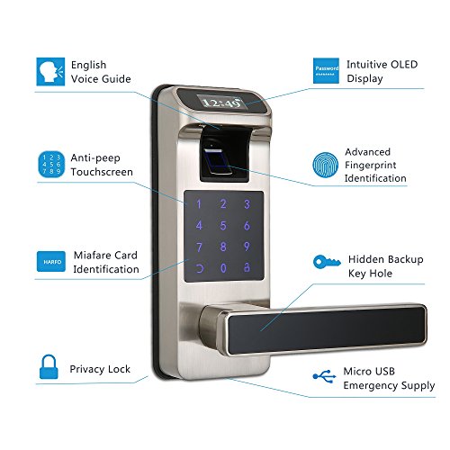 HARFO HL90S Fingerprint Touchscreen Keyless Door Lock with OLED Display, 2019 Upgrade (Satin Silver)