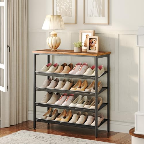 HOOBRO Shoe Rack, 5-Tier Shoe Rack, Shoe Cabinet, Adjustable Metal Mesh Shelf, Spacious Top, Holds 16–20 Pairs, for an Entrance, Corridor, Industrial use, Vintage Brown/Black, EBF12XJ01