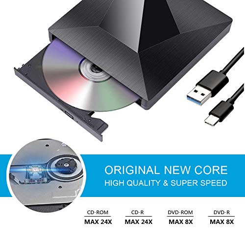 External CD DVD Drive USB Type C, 2 in 1 USB 3.0 & Type-C Superdrive Optical Drive Portable CD DVD RW Burner Player for Mac OS Windows Linux
