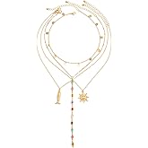 ERLOSYA Dainty Fish And Sun Pendant Necklace for Women Trendy Colorful Stone Summer Beach Boho Layering Choker Necklaces Jewelry Gift