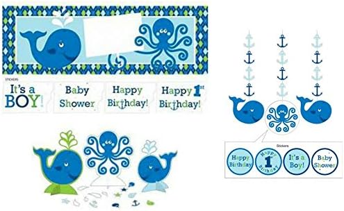 Ocean Preppy Whale Nautical Kids Birthday Party or Baby Shower Decorations: Banner, Balloons, Centerpiece and Hanging Cutouts - 4 Piece Bundle