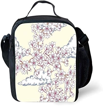 School Supplies House Decor,Illustration with Cherry Blossoming Sakura and Floating Clouds Spring Flower Tree Art,Pink Blue White for Girls or Boys Washable