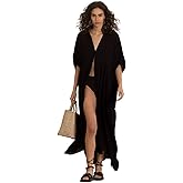 Gottex Womens Beach Life Button Front Cover Up Kaftan Style Maxi Dress with Short Sleeves Relaxed Fit Swim Essential