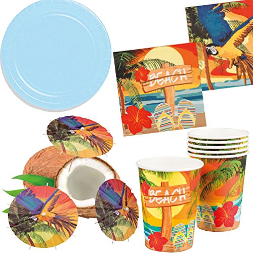 Karneval-Klamotten Party Set XL Hawaii Beach Ara blau 32 Teile : Teller, Becher, Servietten, Cocktail-Schirmchen