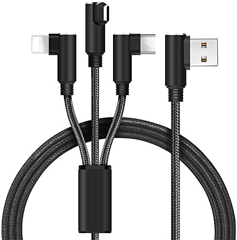 Multi USB Cable, UKINDA 3 in 1 3A Multiple USB Fast Charging Cable Cord with 90 degree Right Angle Lightning / Type C / Micro USB Port for iPhone/ iPad/Samsung S8/ Note 8/Android Devices-Black