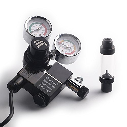 Fzone CO2 Regulator Aquarium Big Dual Gauge Display with Bubble Counter and Check Valve w/Solenoid 110V Fits Standard US Tanks Easy to Adjust CO2 Level Comes w/Tools