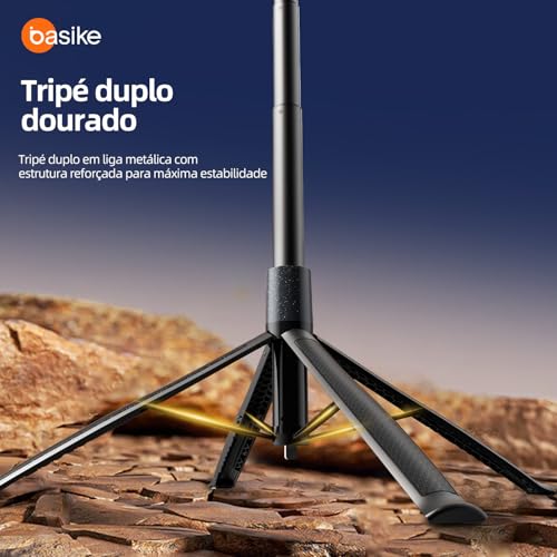 Basike Tripé para Celular 1,84m – Bastão de Selfie Dobrável Portátil com Controle Remoto, Rotação 360°, Base Quadrúpede Reforçada, Pau de Selfie com Parafuso 1/4" Compatível com Câmeras, GoPro/iPhone