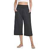 TARSE Womens Capris Lounge Yoga Pajama Cropped Pants Casual Wide Leg with Pockets Elastic Waist Workout Sweat Pants Summer