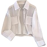 SweatyRocks Women's See Through Long Sleeve Button Down Blouse Shirt Tops with Pocket