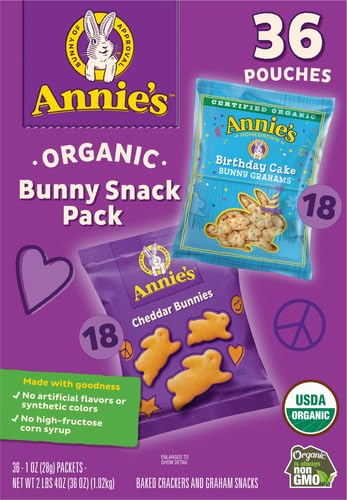 ANNIE’S ORGANIC BIRTHDAY CAKE BUNNY GRAHAMS AND CHEDDAR BUNNIES SNACK PACK 36 COUNT, 36 OZ
