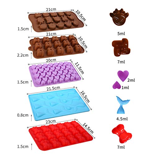 5 Pack Silicone Chocolate Molds Candy Making Mold,Jeteven Fat Bombs Ice Cube,Jelly,Cupcake Baking Mold - Mermaid/Bone/Heart/Cute Animal/Squares Shaped Silicone Molds With a Bonus Dropper