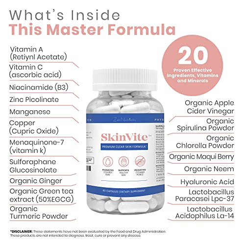 Zen Nutrients SkinVite No.1 Acne + Rosacea + Eczema Natural Skin Supplement, Clear Skin Support