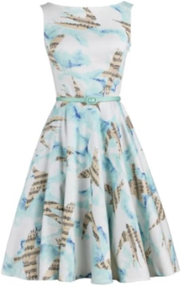 VKStar Women's Vintage 50s 60s A-line Puffy Print Housewife Rockabilly Evening Party Dress Tea Length Cap Sleeve