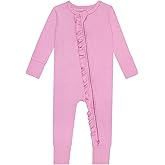 GUISBY Rayon Baby Long Sleeve Footless Rompers, 2 Way Zipper with Ruffle Sleepers 0-24 Months