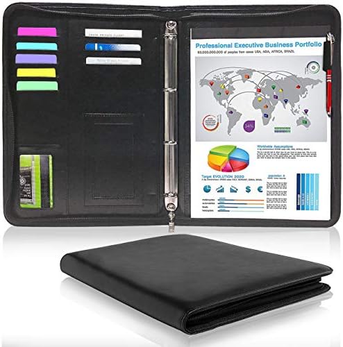 Padfolio Resume Portfolio Folder with Letter Size Writing Pad, Business Card Holder and 4 Ring Binder Document Organizer, Interview PU Leather Padfolio with Zippered Closure, Black