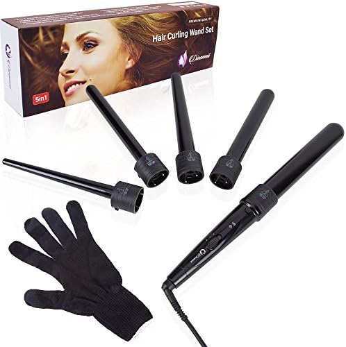 Hair Curling Iron Set – 5-in-1 | Interchangeable Wand Ceramic Tourmaline Bands | With Protective Glove | Best for Long and Short Hair | Dual Voltage | Dinamaii