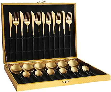 Flatware Set 24-Pieces Stainless Steel Gold Black White Titanium Coral-Red Blue Service for 6 Senior Restaurant Wedding Family Holiday Party Gift Knife/Fork/Spoon Elegant Packaging (Black)