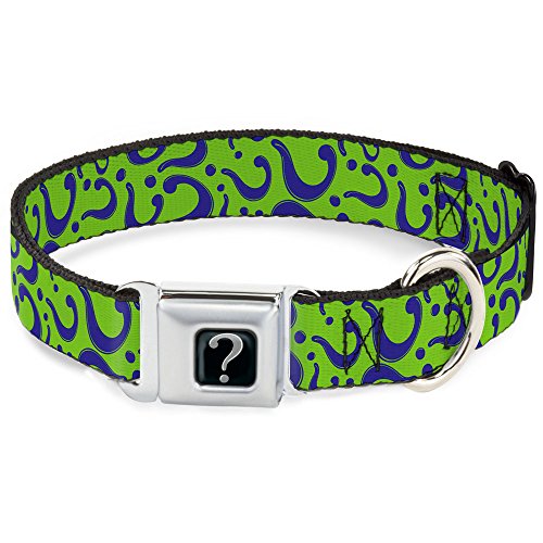 Buckle-Down Seatbelt Buckle Dog Collar - Question Mark Scattered Lime Green/Purple - 1.5