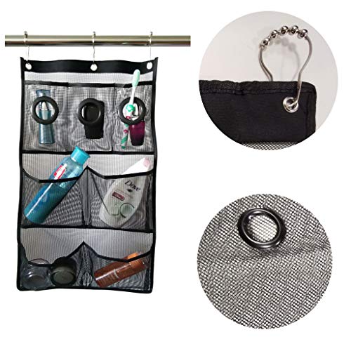HuiDao Bath Hanging Caddy Shower Hanging Organizer 7 Quick Dry Mesh Pockets Storage Bag with 3 Ring Hooks for Hanging On Bathroom Curtain Rod, 27.5x15.7 Inch (Black) - Thumbnail 3