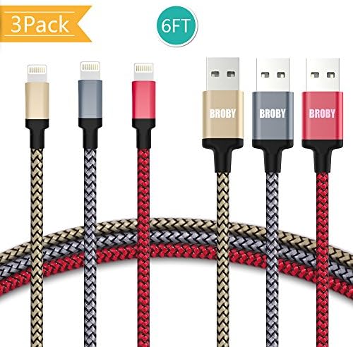 BROBY Lightning Cable [3 Pack: 6FT/6FT/6FT] Braided Nylon USB Cable with Lightning Connector for iPhone X / 8 / 8 Plus / 7 / 7 Plus / 6 / 6 Plus / 5s, iPad Pro Air 2 ect