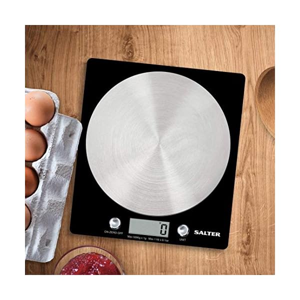Salter-Digital-Seen-on-TV-Stylish-Slim-Design-Electronic-Cooking-Scale-for-Home-Kitchen-Weigh-Food-5000g-Liquids-in-ml-and-fl-Oz--Black-Chrome Salter 1036 BKSSDR Disc Electronic Scale, Seen on TV, Stylish Slim Design, Home & Kitchen Cooking, Spun Stainless Steel…