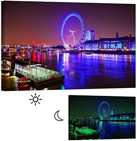 Glow in the Dark Canvas Painting - Stretched and Framed Giclee Wall Art Print - London England Cityscape London Eye - Master Bedroom Living Room Decor - 6 Hours Glow