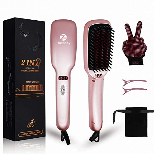 HACHEEY Ionic Hair Straightener Brush, 2-in-1 Lange Hair Straightening Brush Made of MCH Ceramic Technology – 30s Fast Heating with Anti-Scald Feature, Five Heat Settings and Auto-Off Function