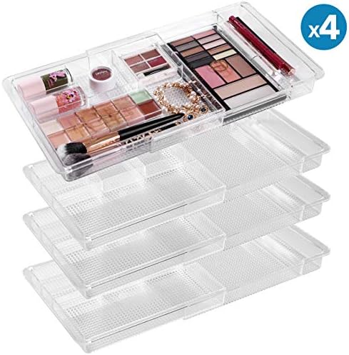 Moma Expandable Makeup Organizer - 11"X 7.7"X 1.2"Adjustable Makeup Brush Organizer (4 Packs) - Clear Plastic Makeup Organizer For Bathroom Drawers Vanities Countertops - Scalable Cosmetic Organizer