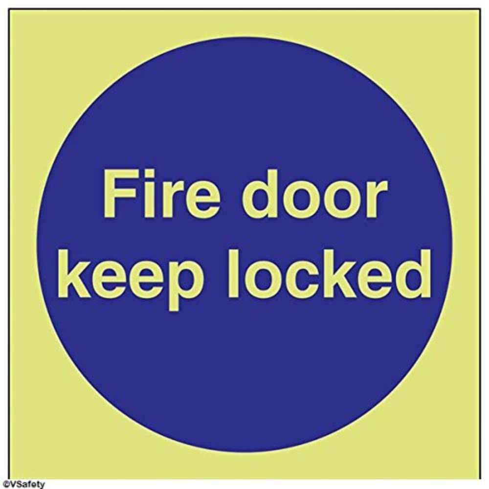 V Safety Glow In The Dark Fire Door Keep Locked Sign - 100mm x 100mm - Rigid Plastic