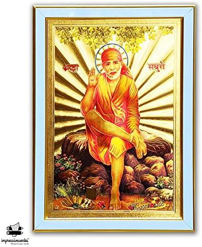 ImpressiveWorks God Poster Sai Baba Picture/Shirdi wale Baba Poster/Hindu God/Religious Poster/Wall Decor with Light Blue Frame (34x24 cm)