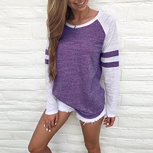 Clearance! Taore Womens Splice Printed Long Sleeve Sweatshirts Pullover T Shirt (S, Purple A)
