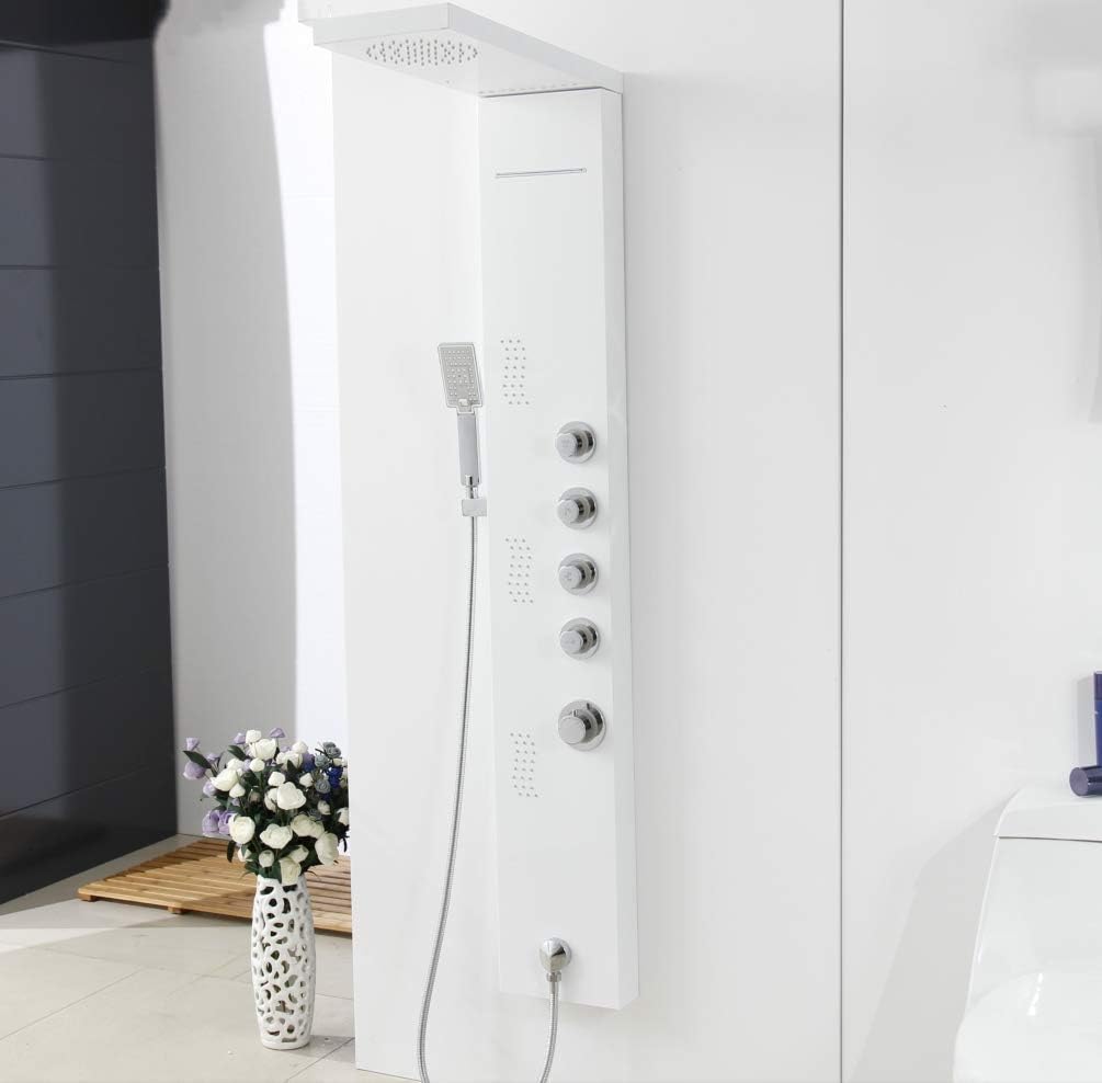 Big Promotion XZST 57 Inch 304 Stainless Steel Shower System Wall Mount Bathroom Multi-Function Shower Tower Waterfall Rainfall Overhead Shower Panel, White Paint