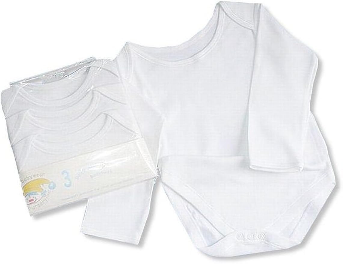 Boys and Girls 3 Pack White Long Sleeve Baby Vests in White 0 to 24