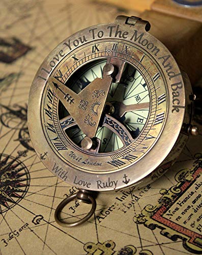 Personalized engraved sundial compass, Engraving on top lid and gnomon, Gift for all occasions, Christmas, New year, Graduation, Love gift, Get well soon, wedding anniversary. Free real leather case