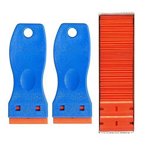 GUGUGI 2 Pack Plastic Razor Scrapers Paint Scraper Tool Wallpaper Scraper Paint Remover Putty Knife with 100 PCS Double Edge Plastic Razor Blades Ideal for Removing Labels, Stickers and Decals