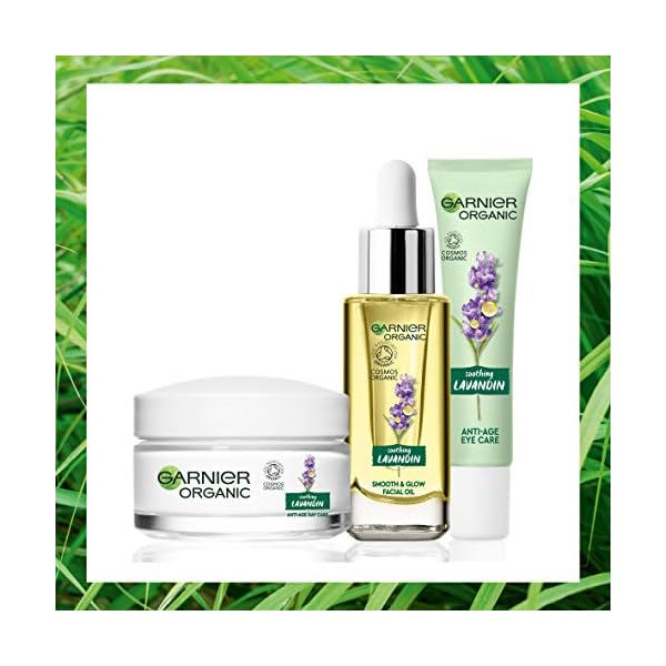 Garnier Organic Lavandin Set: Anti-Age Day Cream, Smooth & Glow Facial Oil and Anti-Age Eye Cream for Healthy Glowing…