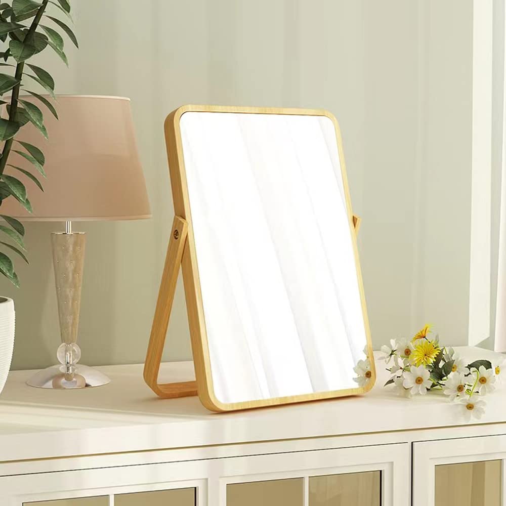 Hosoncovy Wooden Desktop Mirror with Stand Dressing Table Cosmetic Vanity Makeup Mirror Tabletop Mirror on Stand Folding Rectangule Free Standing for Bathroom Bedroom (White)
