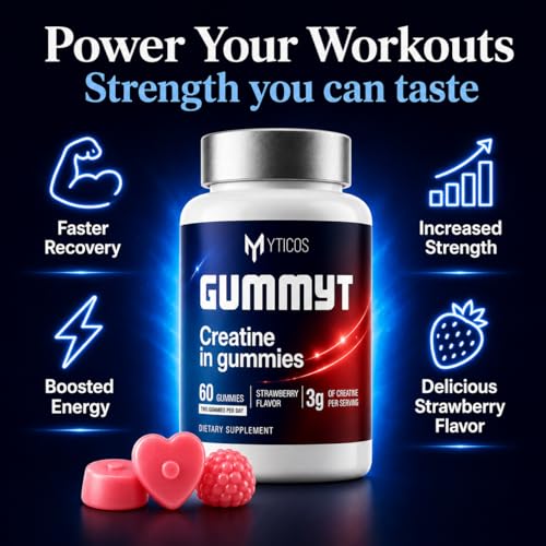 MYTICOS Gummyt Creatine Gummies 3000mg | Creatine Monohydrate | Strawberry Flavor | Sugar Free | No Powder No Mess | 60 Gummies | Muscle Recovery & Strength for Men & Women