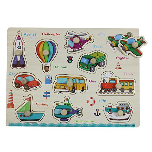 SIPLIV Wooden Pegged Puzzles Jigsaw Puzzle for 2 to 5 Years Old Kids, Home Learning Preschool Early Education Development Toys and Games, Transportation