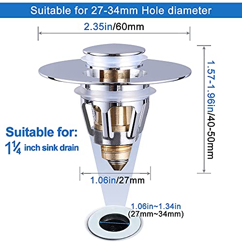 Wash Basin Bounce Drain Filter Stainless Steel Push Type, Universal Edition Bullet Core Push Type Drain Plug, Pop-up Drain Filter for 1.1~1.34\'\' Drain Holes Bathroom Sink Stopper