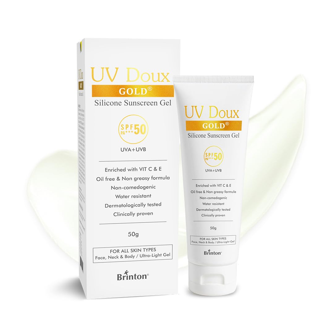 Brinton UV Doux Gold Sunscreen Gel For Anti Ageing with Sun Protection SPF 50 and PA+++ Broad Spectrum Enriched with Anti-oxidants like Vit C & E Matte Finish Water Resistant & Non-Greasy 50gm