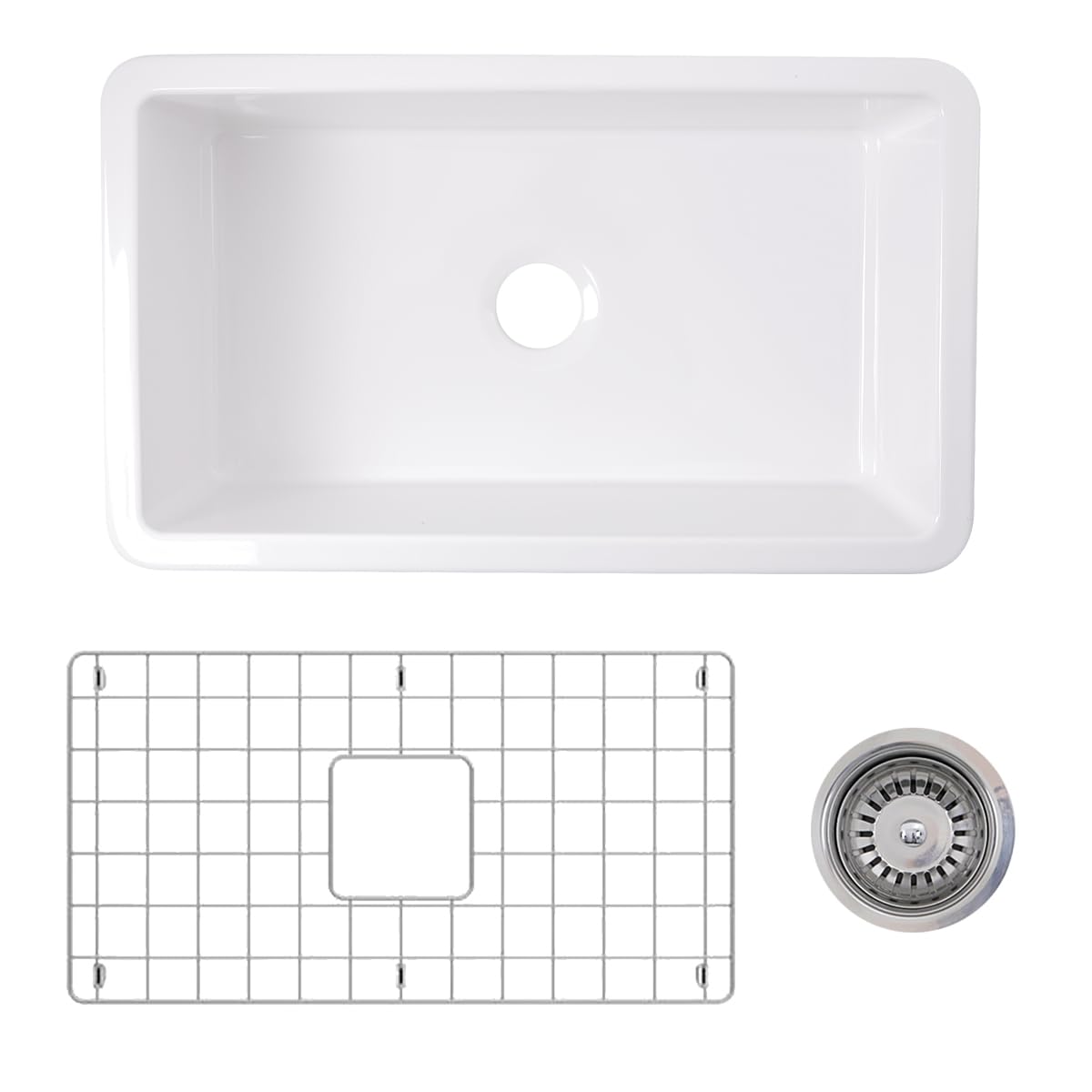 Photo 1 of Highpoint Collection Kitchen Sink – 32" Drop In or Undermount Kitchen Sink with Grid & Strainer Basket Drain, White Fireclay Single Bowl – Made in Europe, Glossy Finish Glaze, Scratch Resistant